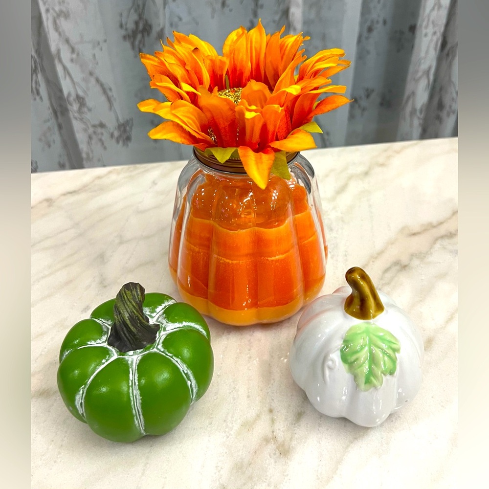 Buy Now! Beautiful Fall sunflower candle and decorative gourds